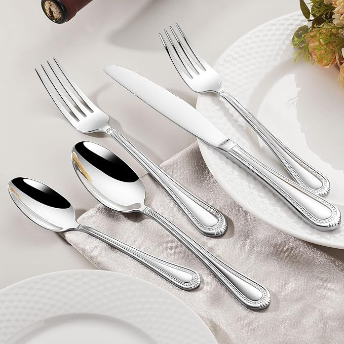 40-Piece Flatware Set for 8, Heavy Duty 18/10 Stainless Steel Silverware Set, Weighted Silverware Knives Forks and Spoons Set, Beaded Edge Handle, Dishwasher Safe