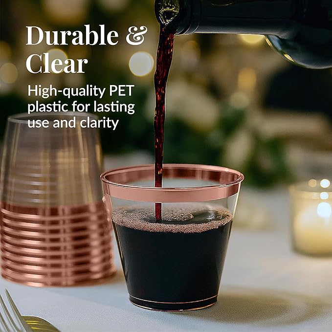Prestee 200 Rose Gold Plastic Cups, 9oz – Elegant Hard Disposable Tumblers for Wine, Cocktails & Beverages – Clear Plastic Cups with Rose Gold Rim – Bulk Party Drinkware for Weddings, Holidays & Event