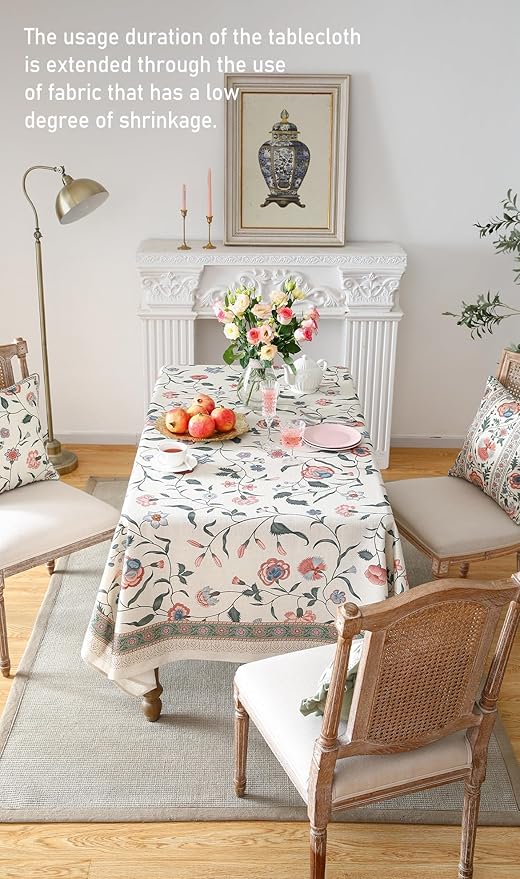 ISAENNE Designer Chinoiserie Linen Floral Square Tablecloth,White Wrinkle Resistant Table Cloth,Elegant Decor Tablecloths for Dining Thanksgiving Kitchen Party Christmas,67"*67"-Daffy