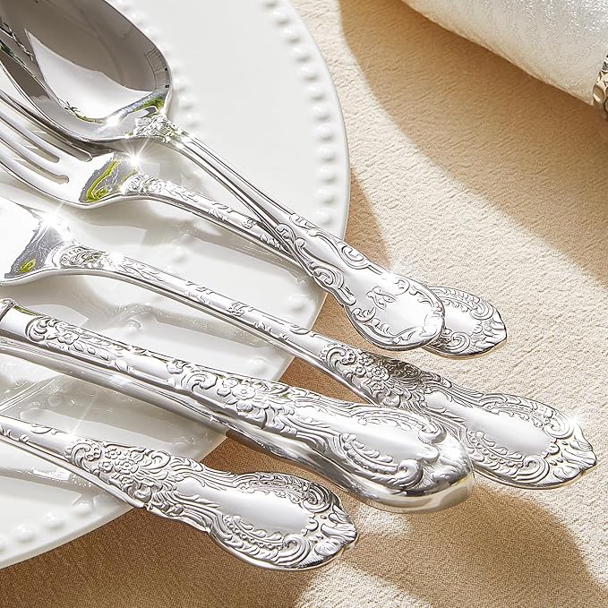 KINGSTONE Vintage Carved Silverware Set, 5-Piece 18/10 Stainless Steel Flatware Cutlery Set with Retro Royal Thick Handle, Tableware Utensils for Home, Restaurant, party, Wedding, Dishwasher Safe