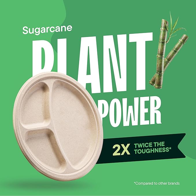 100% Compostable, 3 Compartment, Disposable Paper Plates [125-Pack] - {PFAS Free} - {BPA Certified} - [10 Inch] Heavy Duty Biodegradable Bagasse Sectional Lunch Trays + Dividers - Divided Platte Tray