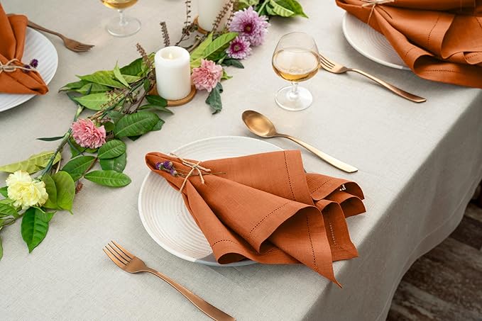 D'Moksha Homes Rust Linen Napkins Set of 8 - Classic Hemstitch 100% Pure Linen Hemstitch Dinner Napkins 20 x 20 Inch for Spring, Easter - Handcrafted and Machine Washable