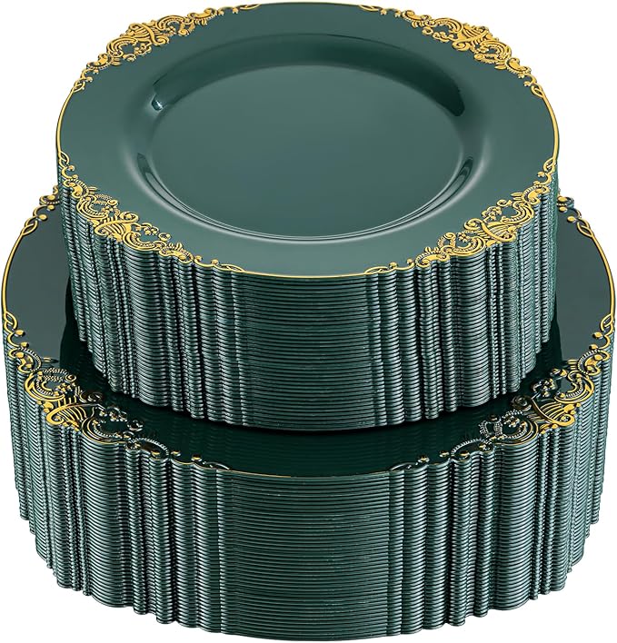 102PCS Green Plastic Plates - Green and Gold Plates - Fancy Heavy Duty Disposable Plate - Heavyweight Dinner & Dessert Plate for 51 Guests for Party & Wedding