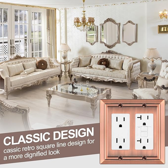 Metal Wall Plate for Electrical Outlets, Decorative Antique Copper Switch Plates Outlet Cover, Light Switch Cover Plate, 2-Gang Wall Plates (Double Decorator, 2 Pack)