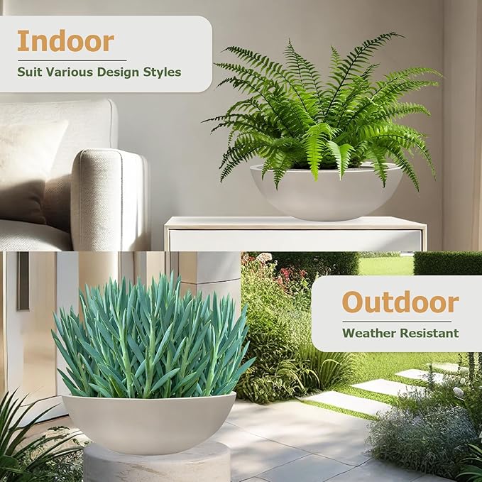 6.9" H x 19.7" D Round Bowl Fiberstone Planter for Succulent and Lotus with Drainage Hole, Smooth Finishes, Weather Resistant, Included 2 Extra Coco Mats (Taupe, 17.9" Pot Opening)