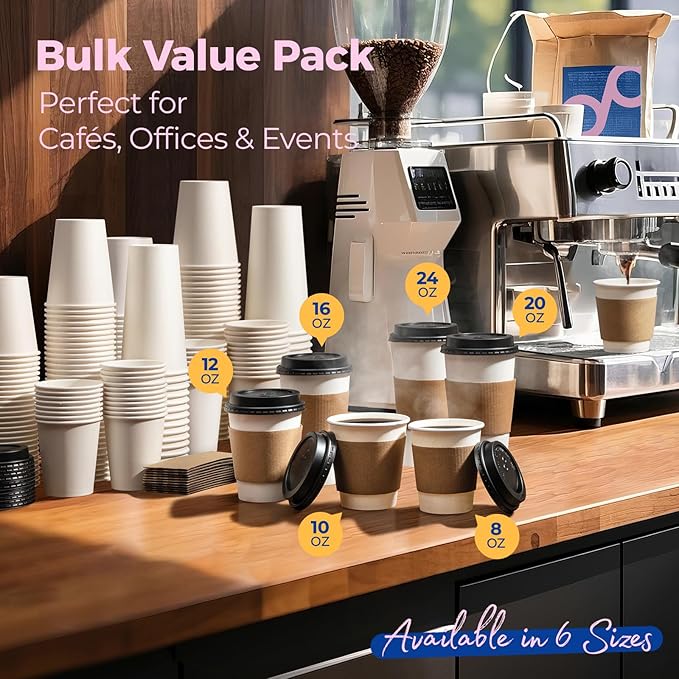Fit Meal Prep 100 Pack 16 oz Disposable Coffee Cups with Lids, Sleeves, Leak-Proof To Go Coffee Cups with Lids, Durable Paper Cups for Hot Cocoa and Coffee Bar Supplies