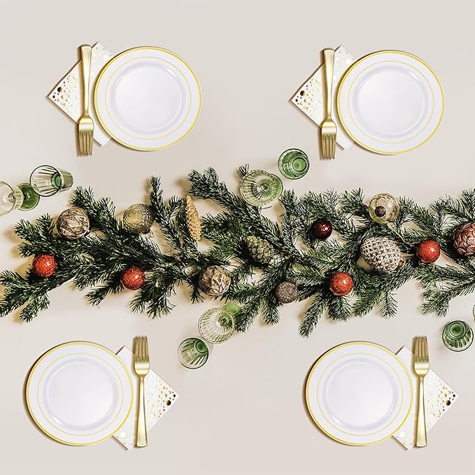 The Essential Concierge Stylish 7.5 Inch Gold Dessert Plates with Disposable Cups, Forks and Cocktail Napkins (100 Set) - White and Gold Plastic Dessert and Cake Plates for Wedding or Receptions