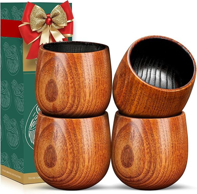 AIUHI Charred Wooden Whiskey Glasses Set of 4, Wooden Bourbon Glass, Handcrafted Old Fashioned Whiskey Glass