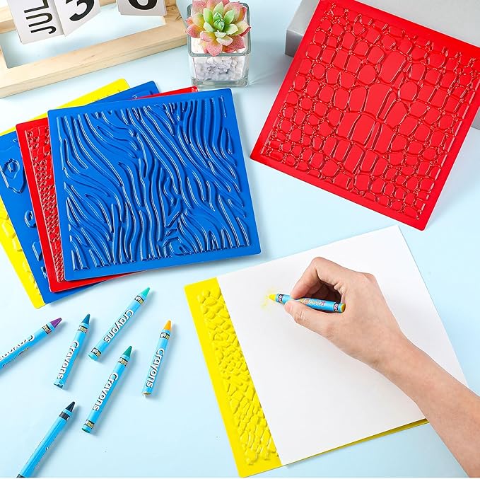 Colingmill 6 Set Textured Rubbing Plates for Kids Art 7 Inch Animal Texture Rubbing Plates Snake Giraffe Zebra Lizard Elephant Leopard Skins Painting for Art Projects DIY Fun Gift