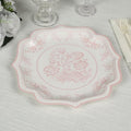 50 Pack 8" White Pink French Toile Dessert Plates, Disposable Round Paper Floral Pattern Appetizer Salad Plates 300 GSM for Party Decoration