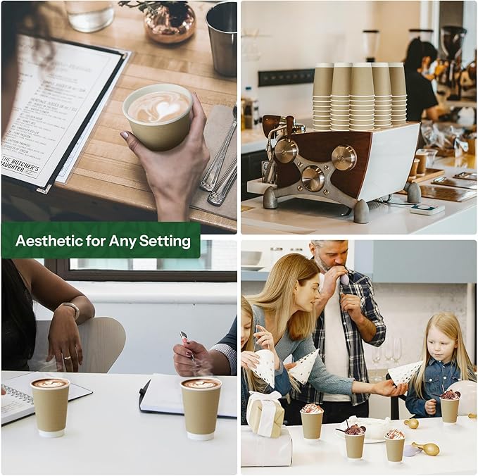 12 oz Hot Cups Compostable Coffee Cups -120 Pack Double Wall Paper Cups, BPI Certified PLA Coated Compostable Cups, Natural Kraft To-go Disposable Coffee Cups for Office Coffee Bar To Go Travel