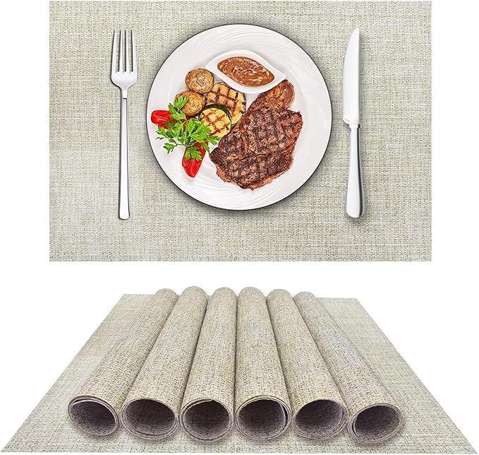 DACHUI Placemats Set of 4, Linen Look Woven Place Mats, Water Resistant, Heat Resistant, Washable, Durable Table Mats (Beige White)