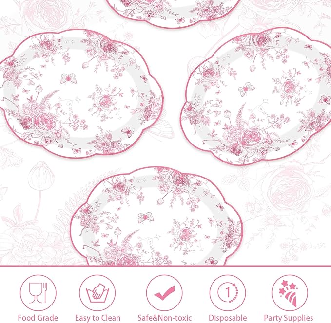 50Pcs Pink Floral Oval Paper Plates 10" x 12" Large Pink and White Floral Scalloped Plates Disposable Heavy Duty Vintage Flower Dessert Platters for Wedding Bridal Shower Decoration Tea Party Supplies