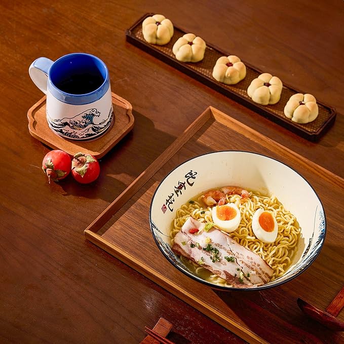 Japanese Ramen Bowl Set with Great Wave Design - 60oz Large Ceramic Bowls, Spoons, Chopsticks for Ramen, Pho, Salad, Poke - Premium Gift for Ramen Lovers - Microwave & Dishwasher Safe