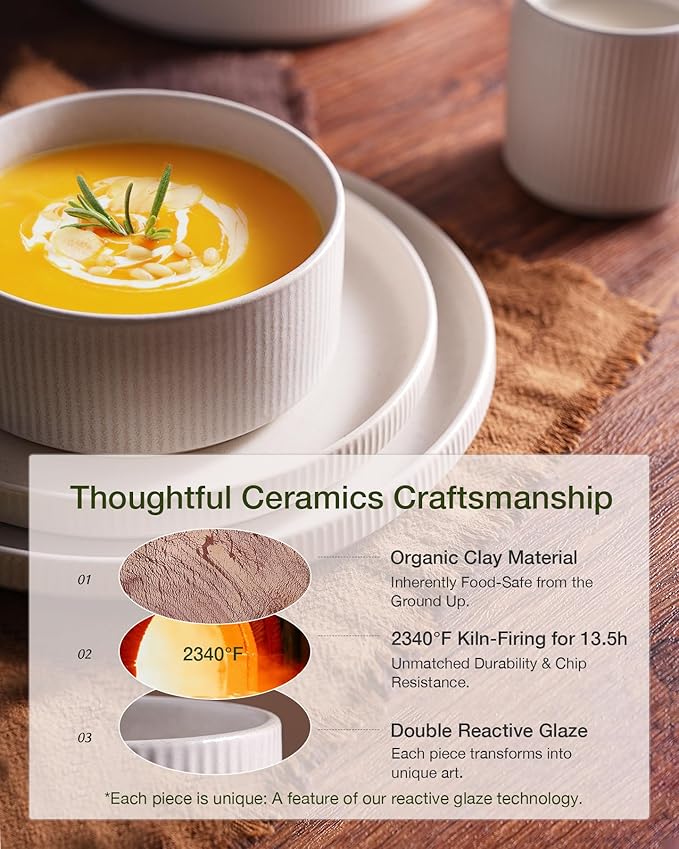 famiware Star Dinnerware Set with Mugs, Service for 6 (24 Pieces), Ribbed Stoneware Plates and Bowls Dishes Sets - Chip & Scratch Resistant, Microwave & Dishwasher Safe, Matte White
