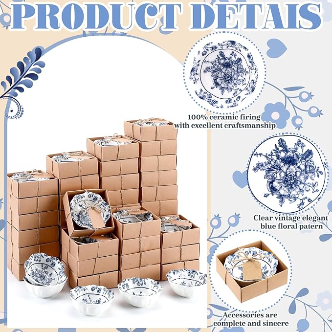 96 Pcs Wedding Favors for Guests Small Ceramic Bowl Bulk Gifts Set 3.3 Inch Floral Design Mini Dipping Sauce Dish with Card Box for Bridal Pooja Baby Shower Birthday Guest Gift (Blue)