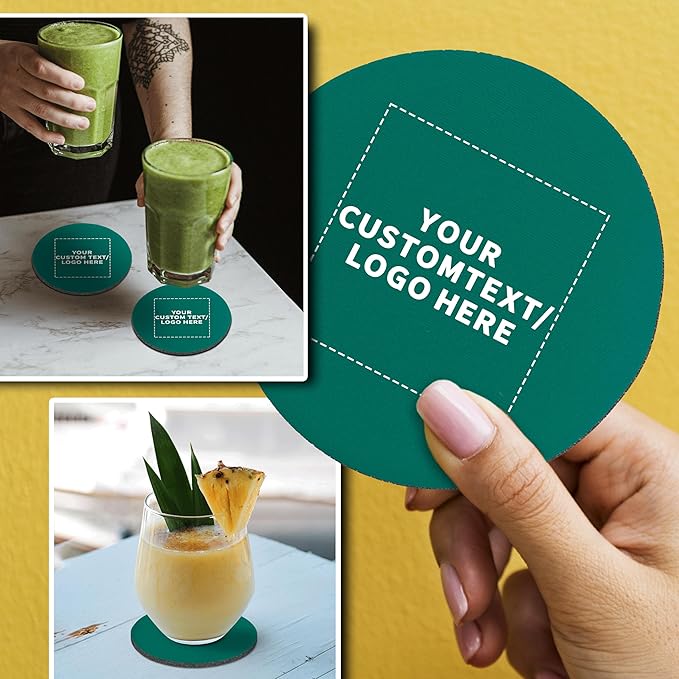 50 Round Foam Bud Coasters Pack, 4 inch - Customizable Text, Logo - PU Foam, Party Favor - Turquoise