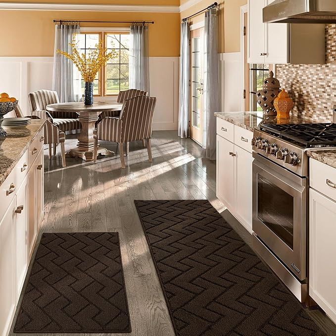 hicorfe Kitchen Rugs and Mats Sets,2 Pieces Super Absorbent Polypropylene Non-Slip Rug,Soft Comfort Floor Mat,Washable for Kitchen,Hallway,Office,Sink,Laundry(20" x 32" + 20" x 59",Coffee