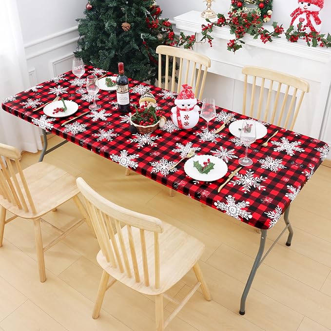 Smiry Plastic Christmas Tablecloth, Buffalo Plaid Waterproof Elastic Fitted Table Covers, Wipeable Flannel Backed Vinyl Tablecloths for Dinner, and New Year Celebration (Black & Red, 30x72 Inches)