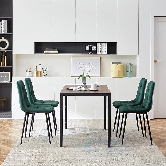 Modern Dining Room Set for 4, 5 Pieces Dining Table Set, Solid Walnut Table Imitation Wood with Sturdy Metal Frame&Legs, Comfy Velvet Dining Chair Armless for Space Saving, Stylish Dinette Set