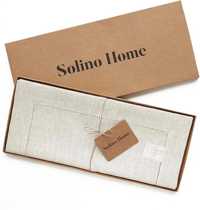 Solino Home Linen Light Natural Table Runner 48 Inches - Classic Hemstitch, 100% Pure Linen Coffee Table Runner 14 x 48 Inch Ideal for Dresser Tables - Spring, Easter