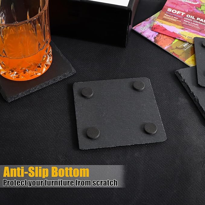 24 Pack Square Slate Drink Coasters, VIBRATITE 4 Inch Black Slate Stone Coasters Bulk Cup Coaster Laser Engraving Blanks with Anti-Scratch Bottom for Drink Coffee Bar Kitchen Home Decor