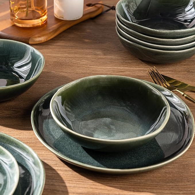 AmorArc Ceramic Cereal Bowls Set of 6, 24 oz Handmade Stoneware Bowls for Cereal Soup Salad Bread, Stylish Kitchen Bowls for Meal, Dishwasher & Microwave Safe-Earth Green