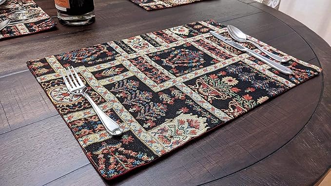 DaDa Bedding Turkish Batik Mughal Floral Tapestry Set of 4 Placemats - Woven Cotton Linen Kitchen Dining Table Mats - Multi-Colorful Black Vintage Indian Garden Ornament Dark Botanical - 13” x 19”