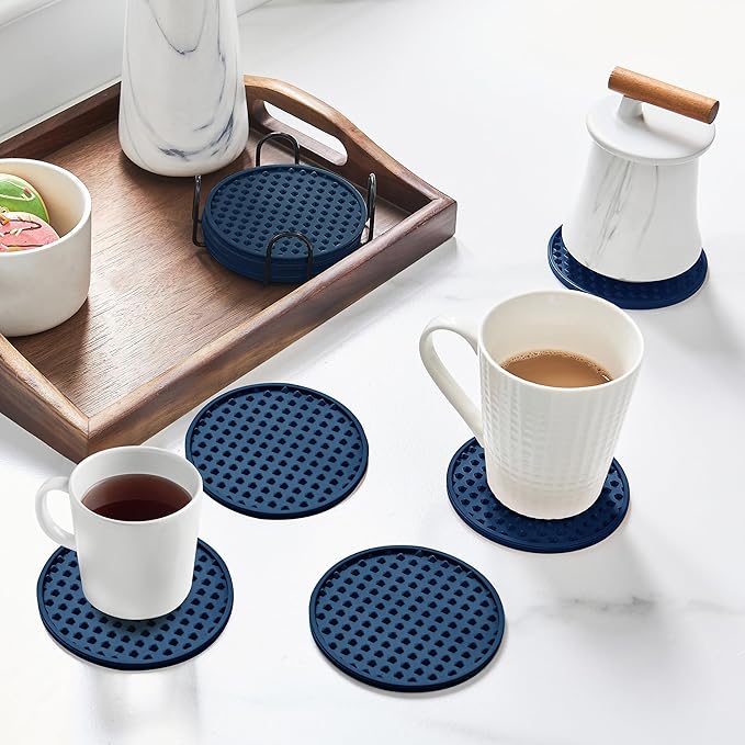 Coasters for Drinks, Silicone Coasters Set of 6 with ABS Holder, Outdoor Coaster for Coffee Table, Non-Slip Rubber Table Cup Mat Desk, Heat Resistant & Scratch-Proof (Navy Blue)
