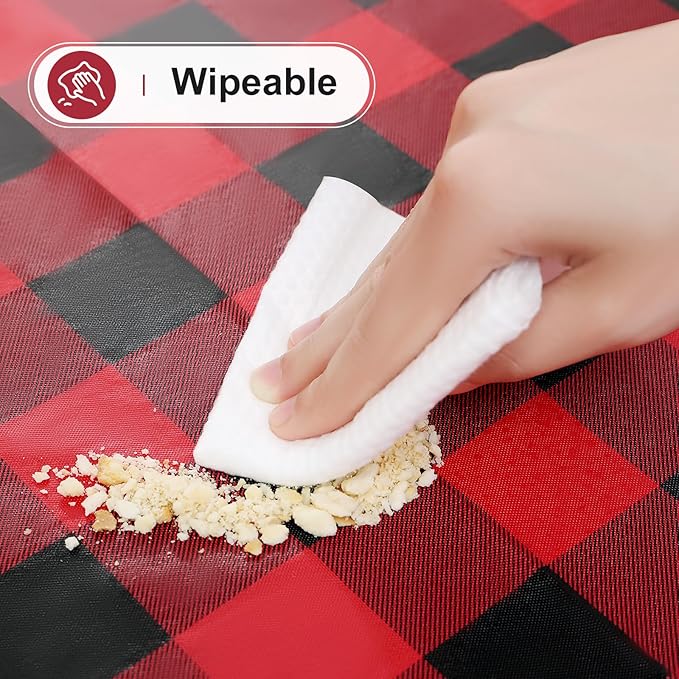 misaya Round Waterproof Vinyl Table Cloth, Buffalo Flannel Backed Tablecloth, Wipeable Plastic Table Cover for Christmas (60", Red and Black)