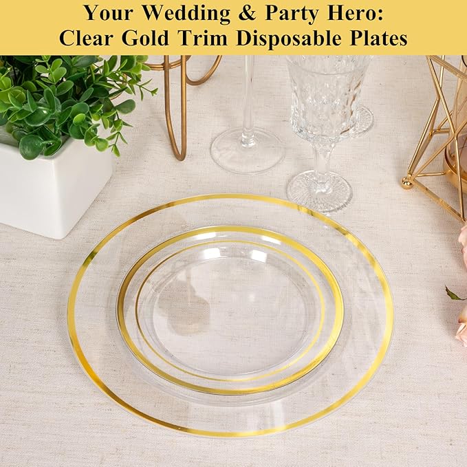 Goodluck 100PCS Clear Gold Plastic Plates, 10.25 Inch Dinner Plate with Silver Rim, Heavy Duty Disposable Plastic Plates for Party, Wedding, Birthday & Daily Use
