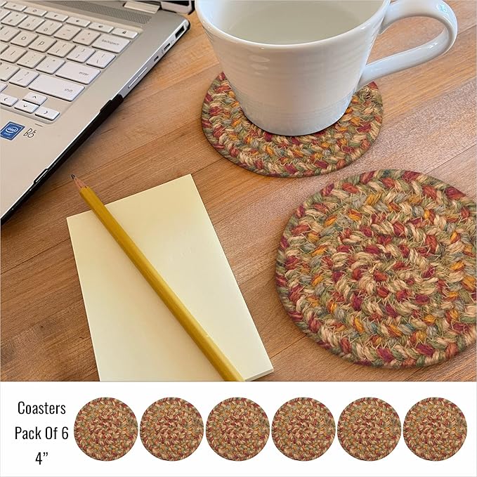 Homespice Harvest Braided Jute Coasters 4", Warm Country Decor, Set of 6, Multicolor - Durable, Absorbs Moisture, Easy to Clean and Protects Furniture