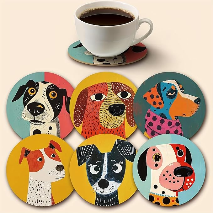 Wood Coasters Set of 6 - Handcrafted Drink Coaster Thick Heat-Resistant for Office, Bar, Farmhouse - Cute Dog Drink Cup Coasters for Table Protection