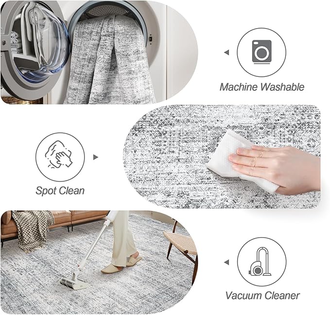 9x9 Grey Round Rug 9ft Living Room Circle Rug Vintage Round Area Rug Non Slip Indoor Carpet for Apartment