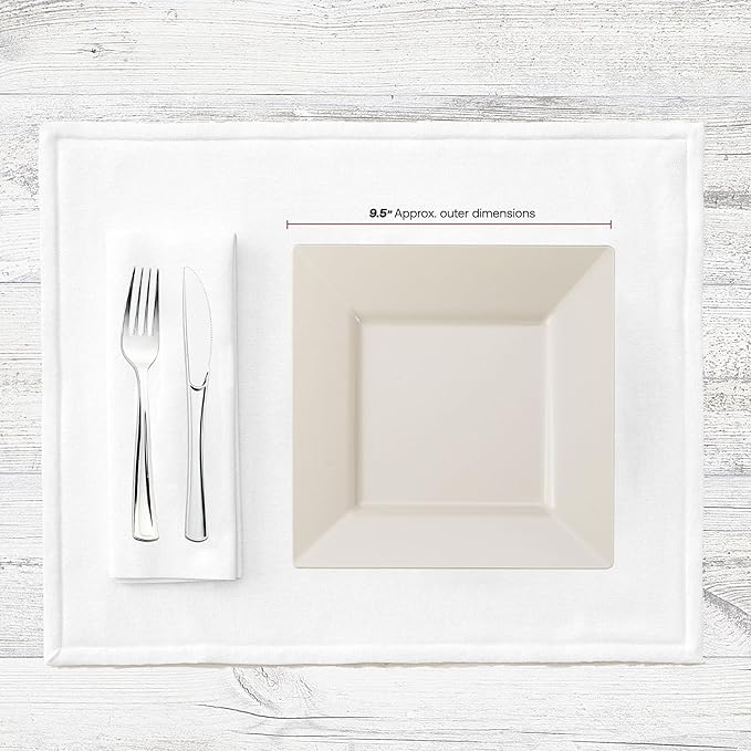 Smarty Had A Party 120 Disposable Plastic Dinnerware, 9.5" Fancy Square Ivory Plates for Parties and Events, Heavy Duty Supplies for All Occasions