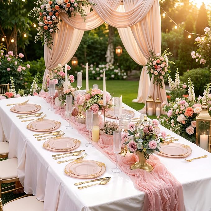 102PCS Pink Plastic Plates - Pink and Gold Plate - Heavyweight Disposable Plate with Gold Rim - Fancy Dinner & Dessert Plates for 51 Guests Weddings & Parties