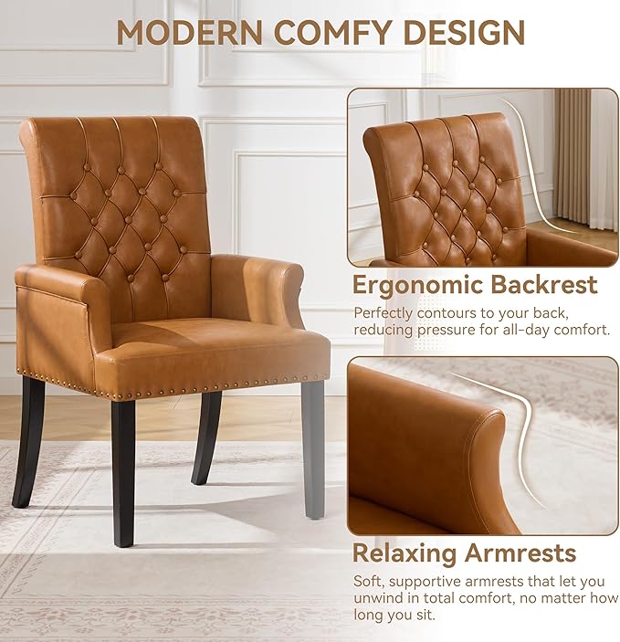 PU Leather Dining Chair with Arms, Upholstered Tufted High Back Dining Room Chairs, Accent Armchair with Solid Wood Leg and Nailhead Trim, Kitchen Dining Living Room, Brown