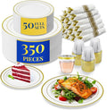 Reli. Plastic Plates for Party | 350 Pieces | White w/Gold Rim | Plates and Napkins Party Supplies | Disposable Dinnerware Set for 50 Guests | Dinner & Dessert Pack, Pre-Rolled Gold Cutlery Set, Cups