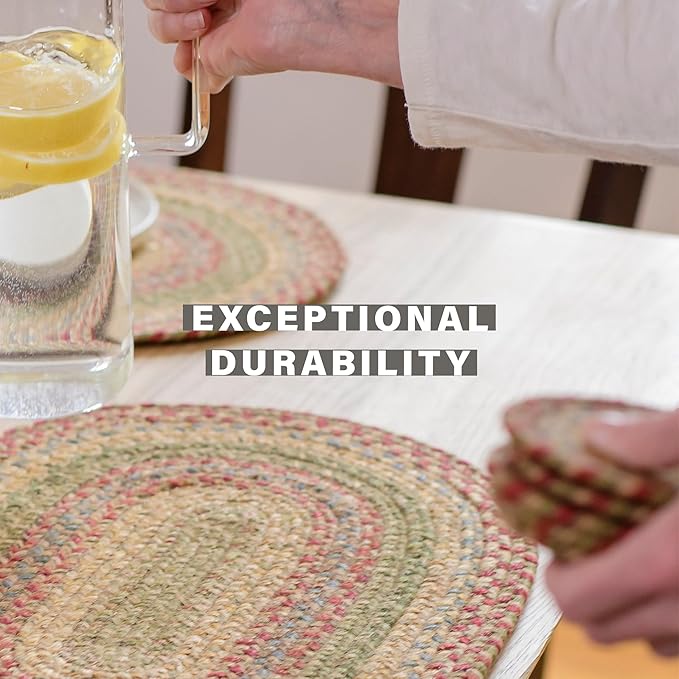 Homespice Azalea Jute Braided Oval Placemats, Warm Country Primitive Decor, Set of 6, 13x19 Multicolor Table Mats - Vibrant Colors, Durable, Easy to Clean and Protects Furniture