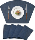 Round Table Placemats Set of 4, Faux Leather Wedge Shape Place Mats Heat Resistant Wipeable Washable Table Mats for Dining Outdoor Indoor, Dark Blue