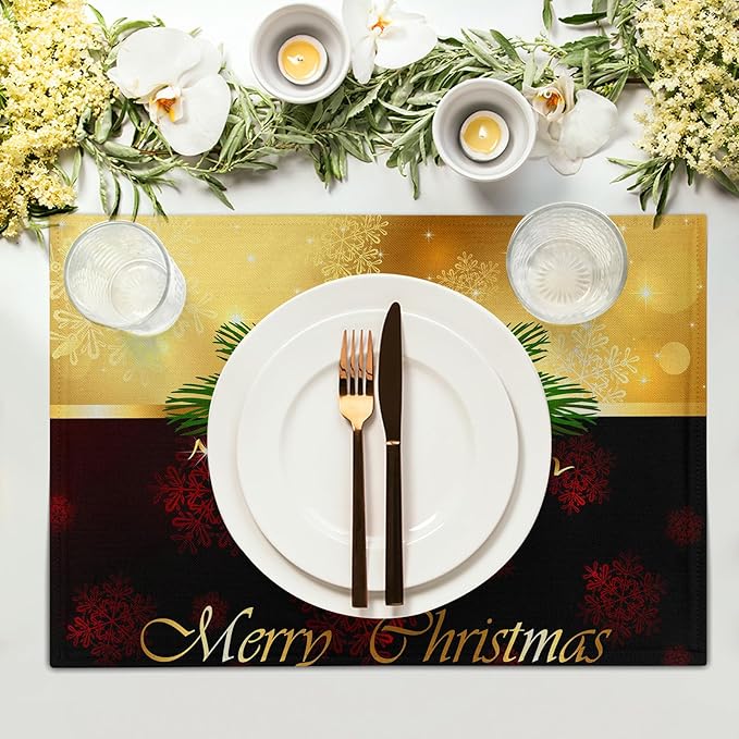 Giwawa Merry Christmas Placemats Set of 4, Winter Snowflakes Xmas Jingle Bell Red Bow Table Place Mats for Kitchen Dining Holiday Party Decor, Heat Resistant Non-Slip Washable, 12x18 Inch