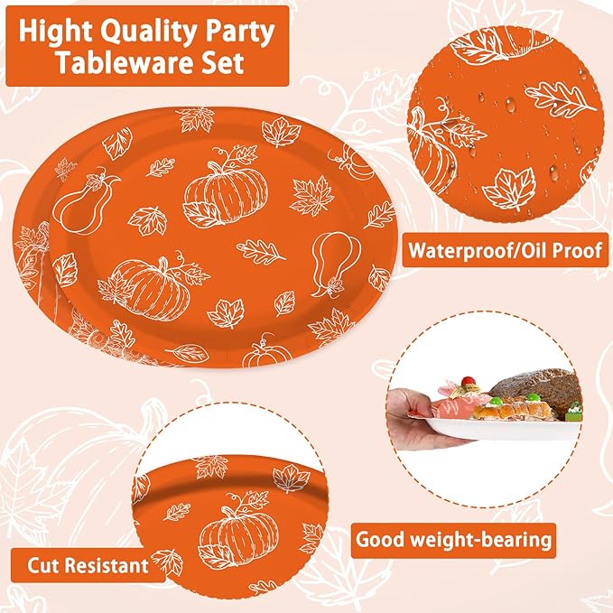50Pcs Fall Pumpkins Oval Paper Plate Thanksgiving Plate 10" X 12" Large Disposable Heavy Duty Burnt Orange Pumpkin Autumn Leaves Platter for Terracotta Fall Harvest Thanksgiving Party Decoration