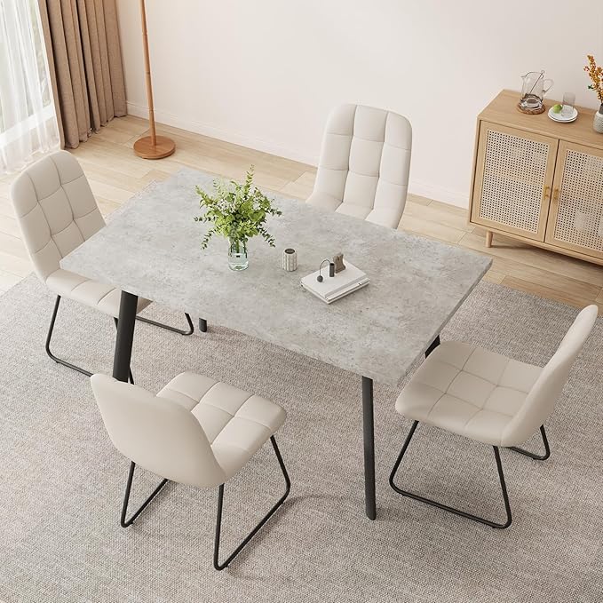 ZckyCine 46.5" Modern Grey Dining Table Set for Small Spaces, 5-Piece Set with Rectangular Table & 4 Padded Leather Chairs, Compact, Sturdy & Easy to Assemble (Table + 4 White Dining Chairs, 46.5")