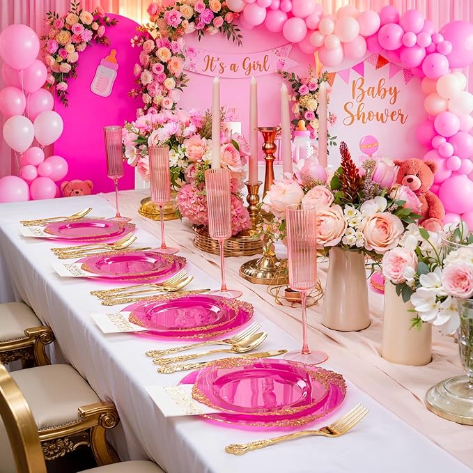 102PCS Clear Hot Pink Plastic Plates - Pink Disposable Plate with Gold Rim - Hot Pink Party Plates Include 51PCS 7.5inch Dessert & 10.25inch Dinner Plate for Wedding Birthday Valentine's Day
