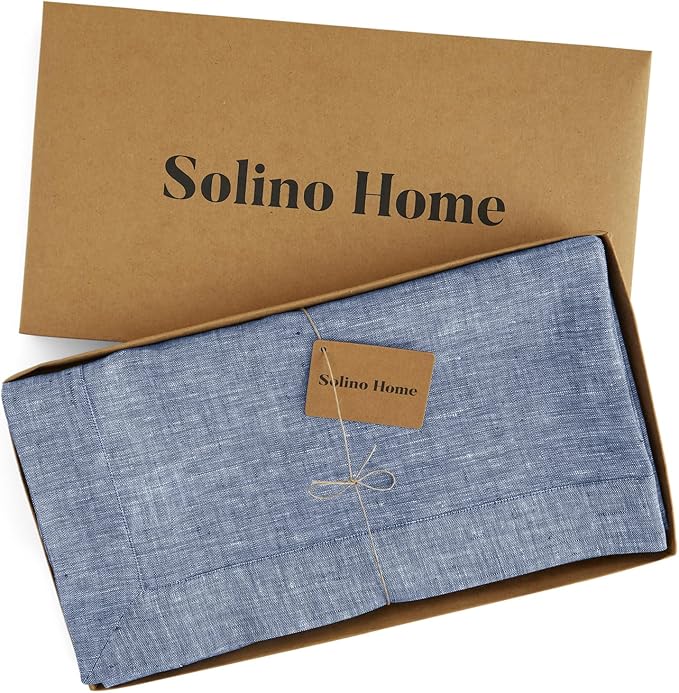 Solino Home Linen Tablecloth 60 x 90 Inch - 100% Pure Linen Chambray Indigo Table Cloth for Rectangle Tables - Athena, Machine Washable Tablecloth for Spring, Easter