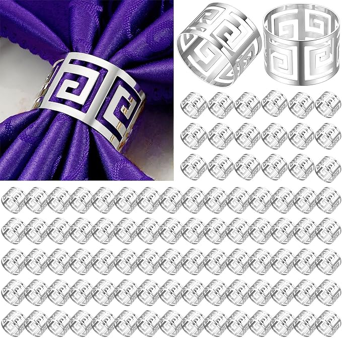 Hotop 96 Pcs Silver Napkin Rings Set Hollow Out Metal Napkin Holder Exquisite Serviette Buckle Bulk for Wedding Party Gathering Dinner Table Decoration