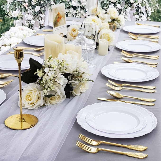 DaYammi 60PCS White Plastic Plates, Heavy Duty White Disposable Plates Premium 10inch Dinner Plates Hard Plastic Plates Disposable for Party Wedding Bridal Shower