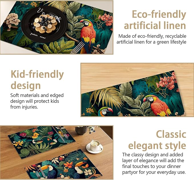 Placemats Set of 6 Tropical Forest Parrot Place Mats Washable Kitchen Dining Linen Table Mats Stain Heat, for Home Party Indoor 12x18 in