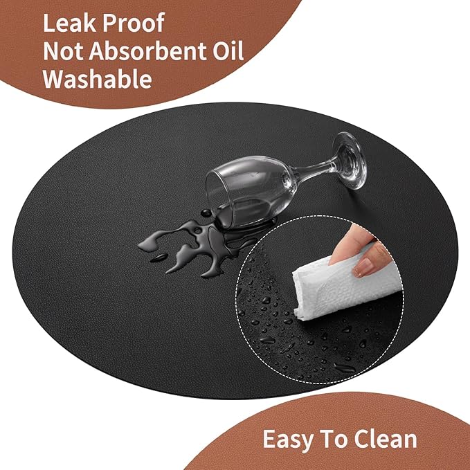 Myir JUN Round Placemats Set of 6 Faux Leather Place Mats and Coasters 15 inch Round Table Mats Dual Sided Non-Slip Stain Resistant Placemats (Black & Brown, Set of 6)