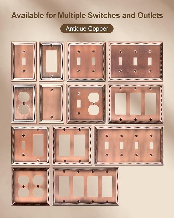 2-Pack Blank Outlet Cover Wall Plate, Metal Switch Plates Outlet Covers, Antique Copper Pearls Beaded Decorative Wall Plates for Electrical Outlets